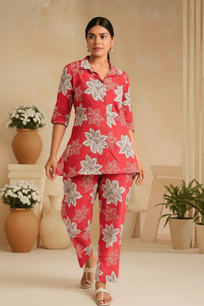 PickCell Printed Delta Fabric Coord Set for Women | Pink view 2
