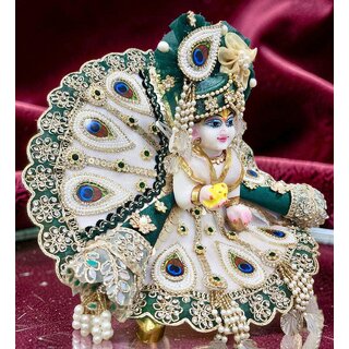 White Green Heavy Work Poshak for Kanha Ji, Peacock Motifs, Pearl Turban view 2