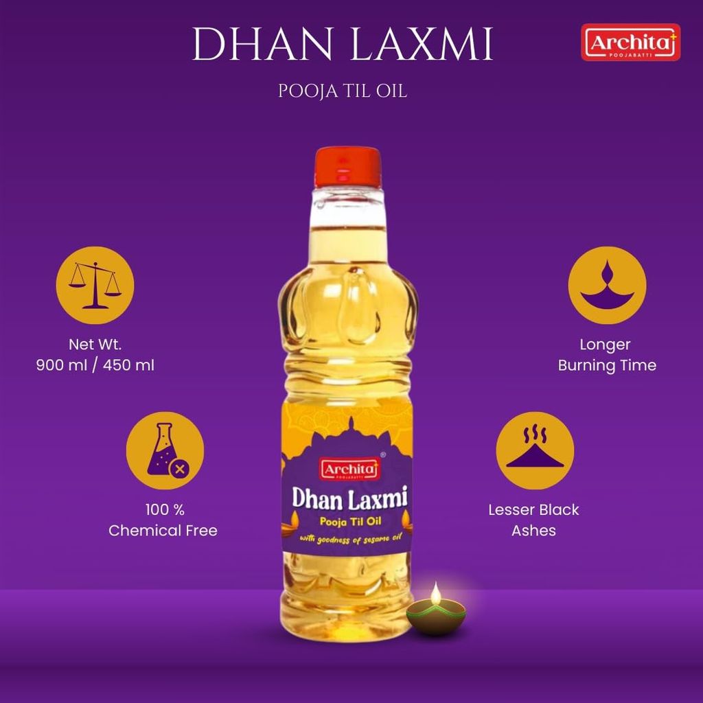 Archita Dhan Laxmi Pooja Oil (Sesame/Til Oil) |100% Chemical-free | No- Alcoholic perfumes used | Lamp | for everday diya deepak deepam (2700 ml) view 2