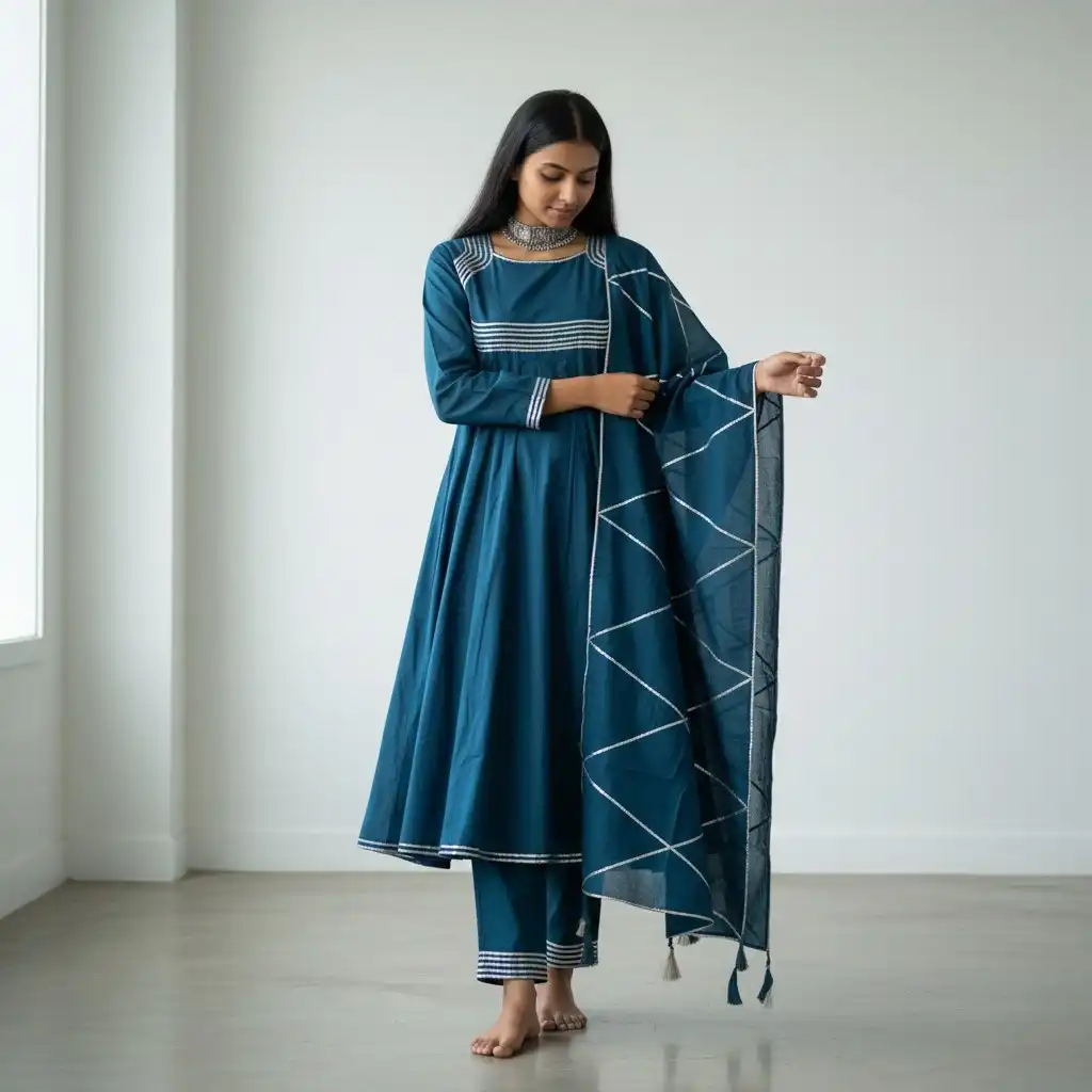 Navy Blue Handloom Cotton Co-Ord Set with Gota Detailing, 3-Piece view 2