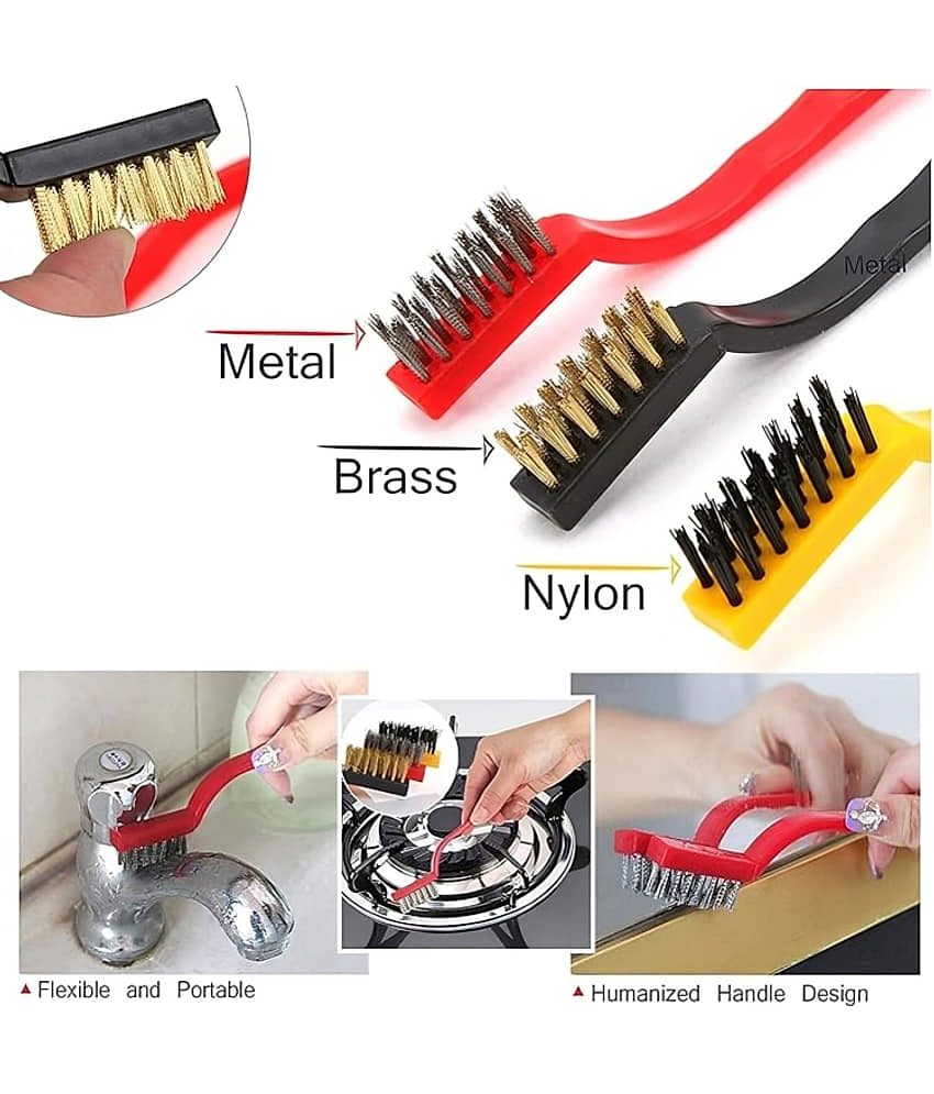 Set of 3 Pc Mini Wire Brush Cleaning Tool Kit Brass, Nylon, Stainless Steel Bristles view 2