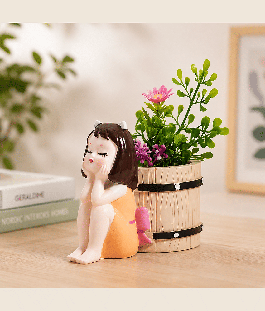 PICKARTME Cute Girl Flower Pot Showpiece with Artificial Plant | Resin Decorative Planter for Home, Office & Table Decor view 2