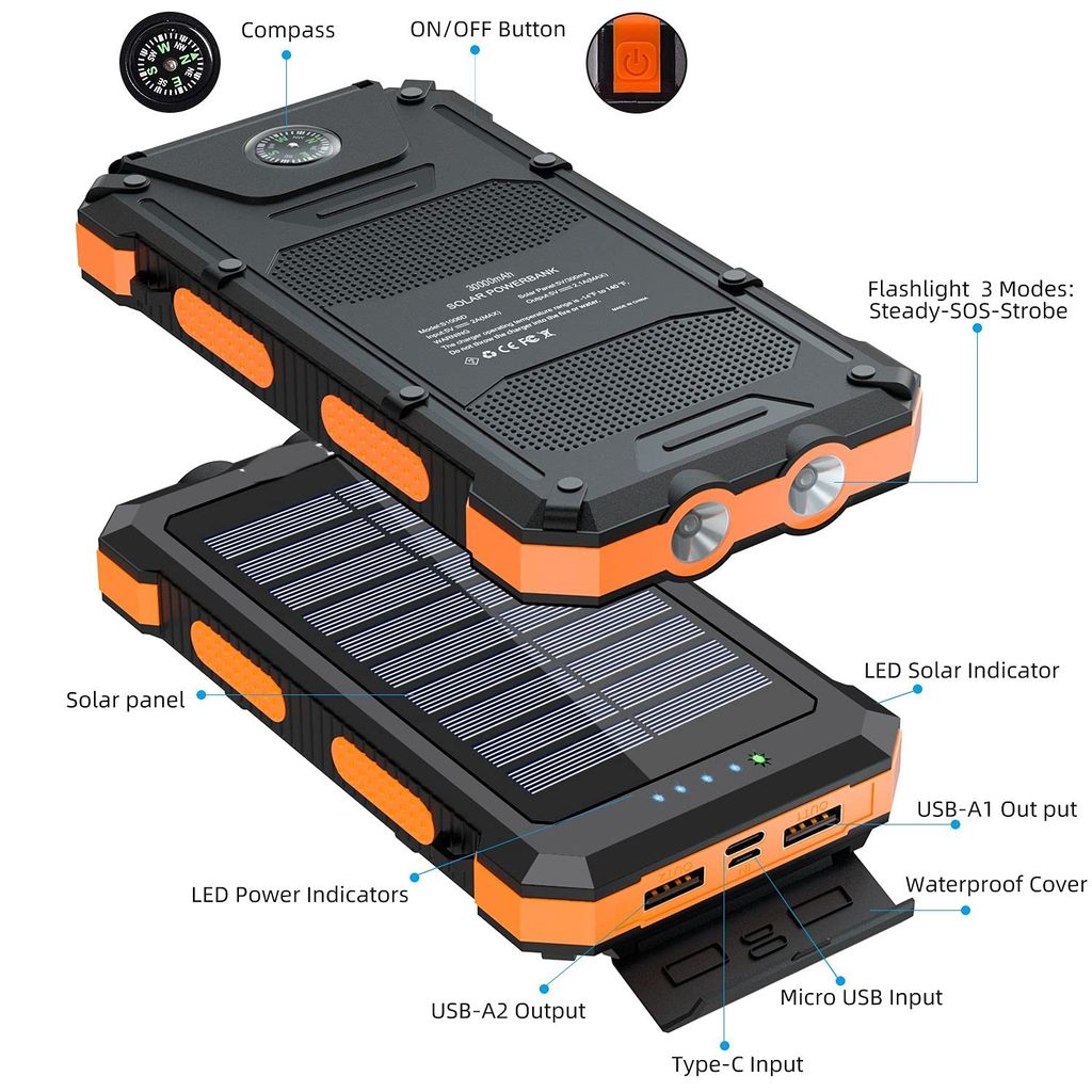OUKAFEN Outdoor Solar Power Bank 30000mAh with LED Flashlight & Compass - Rugged Portable Charger For All SmartPhones view 2