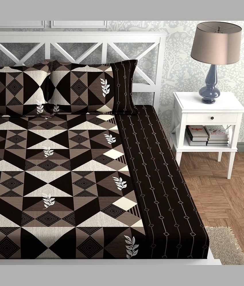 CG HOMES Microfibre Abstract Fitted Fitted bedsheet with 2 Pillow Covers ( Double Bed ) - Brown view 2