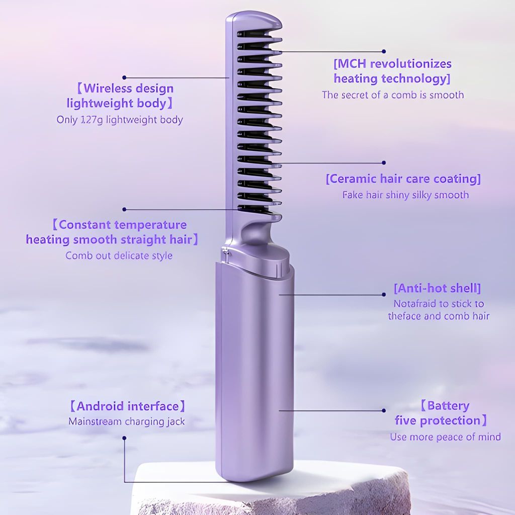 Wireless Hair Straightening Brush Rechargeable | Cordless Hair Straightener Comb with Negative Ion & PTC Heating | Portable Styling Brush for Women (Original Quality) view 2