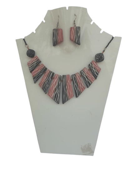Terracotta Pink–Black Designer Necklace Set view 2