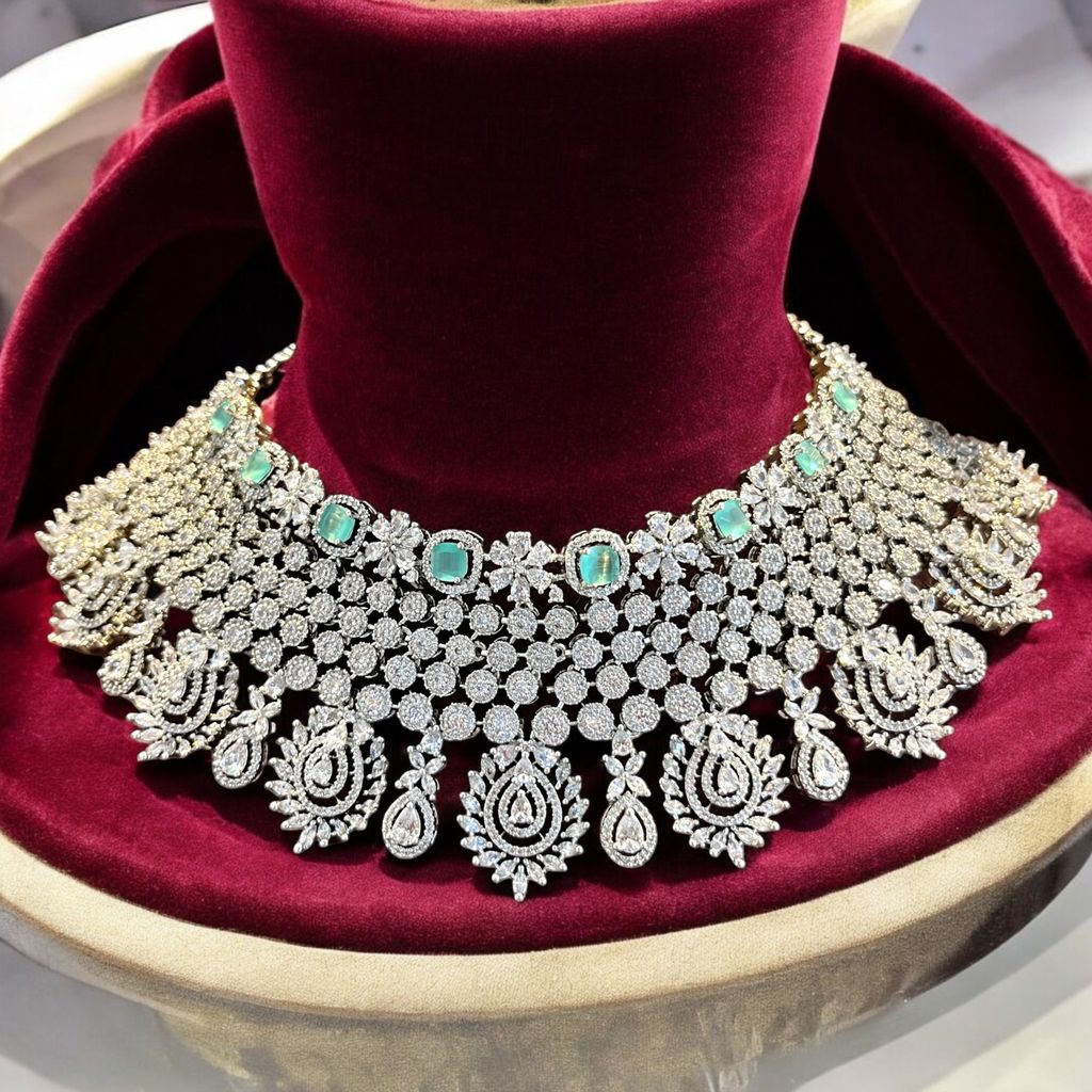 Stunning American Diamond and Emerald Choker Necklace Set in Silver view 2