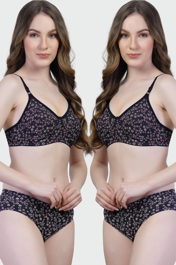 adornstar Women Cotton Lingerie Set with Floral Print Design | Non Wired and Non Padded Bra with Full Coverage Hipster Panty Set | Stylish and Soft Stretchable Fabric (Pack of 2) view 2