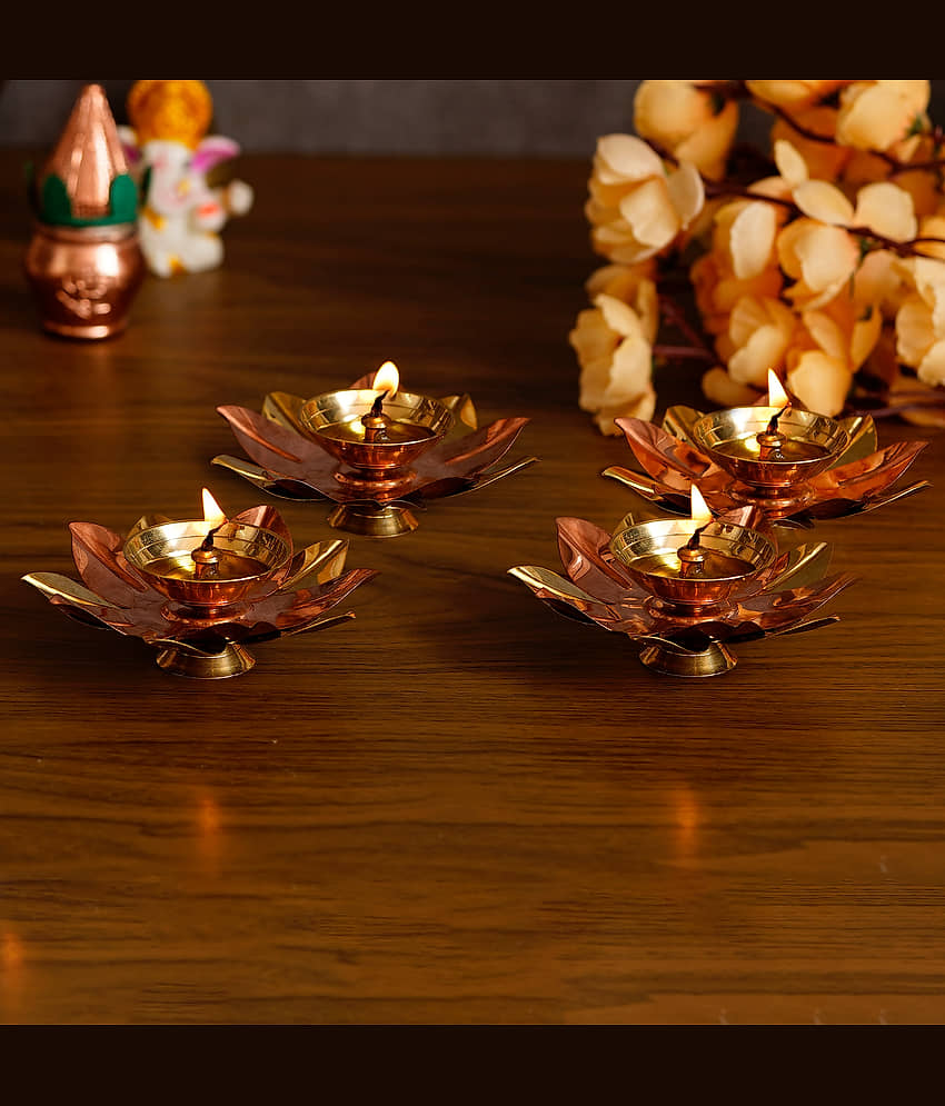 eCraftIndia Set of 4 Floral Shape Metal Diya view 2