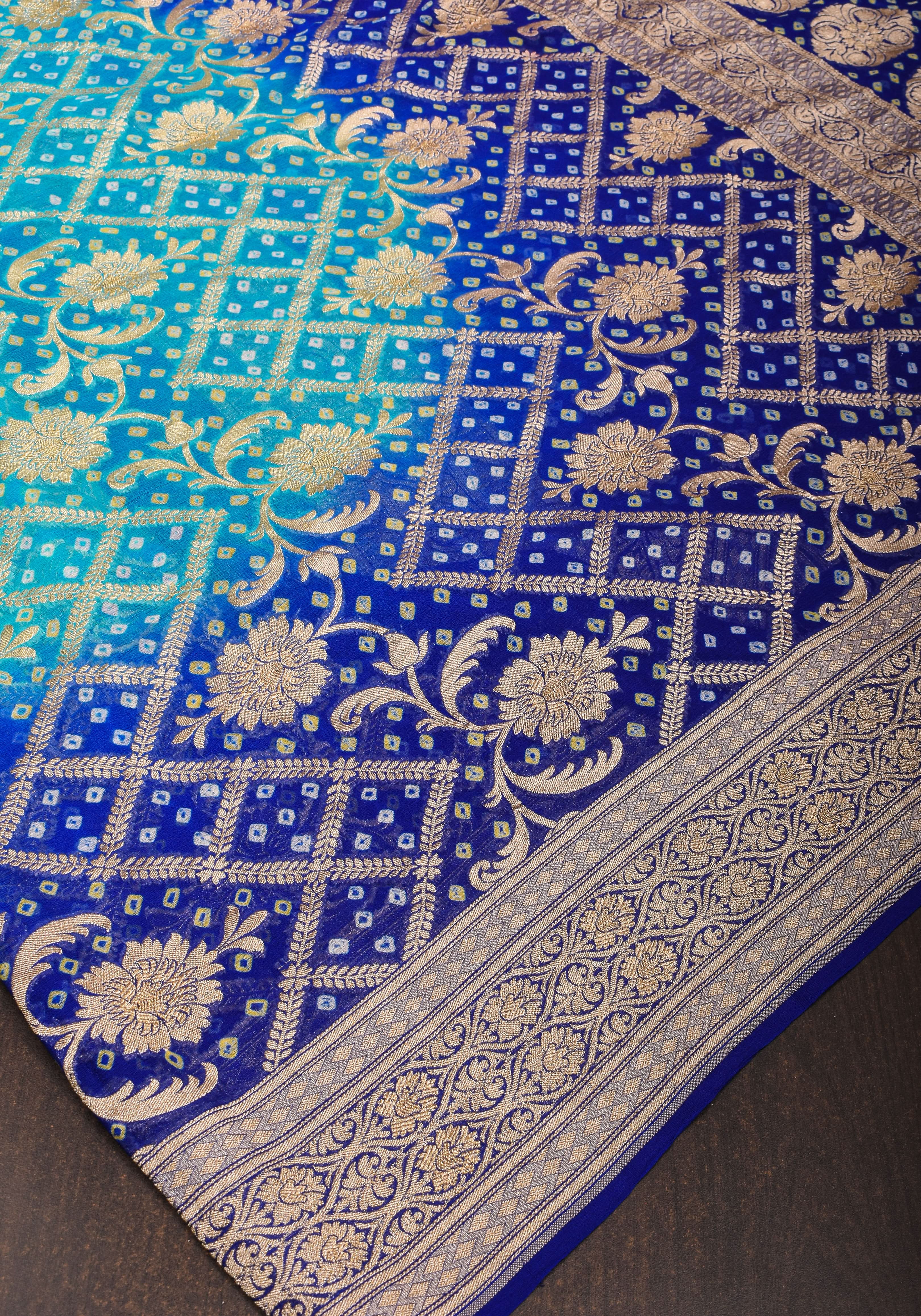 Blue Ombre Authentic Hand Bandhej Banarasi Silk Georgette Saree with zari jaal pattern| SILK MARK CERTIFIED view 2