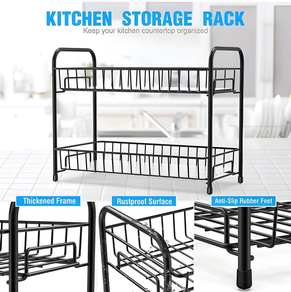 Heavy Duty Multipurpose 2 Layer Mild Steel Kitchen Storage Organizer Rack | Standing Spice Rack | Countertop Pantry Storage Shelf | Kitchen Rack for Jars, Bottles & Accessories (Original) view 2