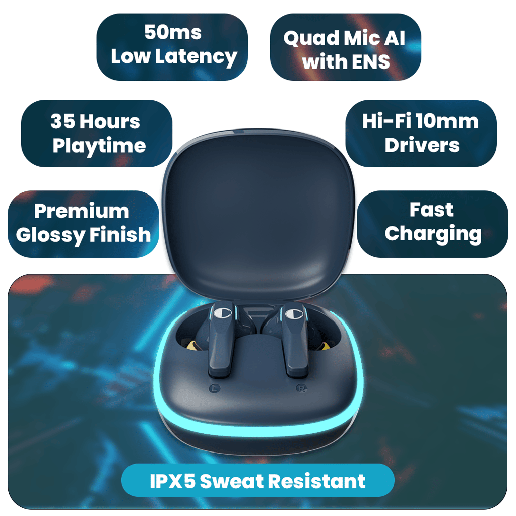 Cellecor BroPods C103 PLAY Quad Mic TWS |35H Playtime, ENC, 5.3v, 50ms Low Latency Gaming Bluetooth-Blue view 2