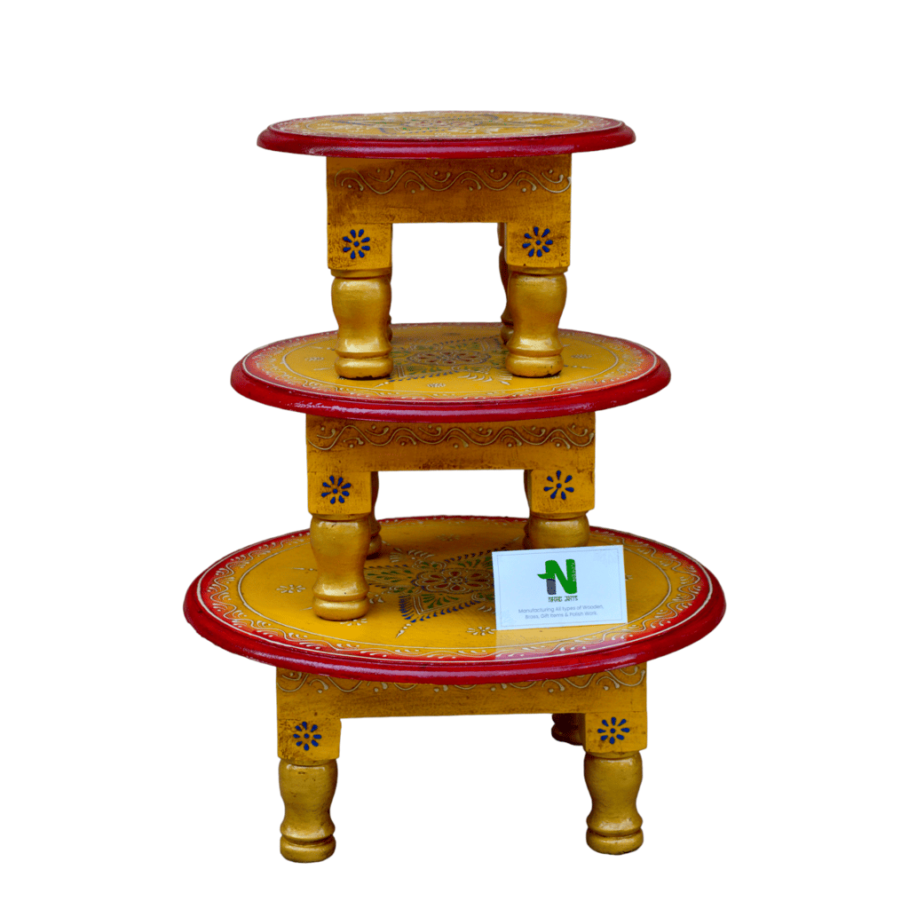 Pooja chowki / round shape / hand painted / set of 3 stool / bajot / round bajot / ( set of 3 pcs) view 2