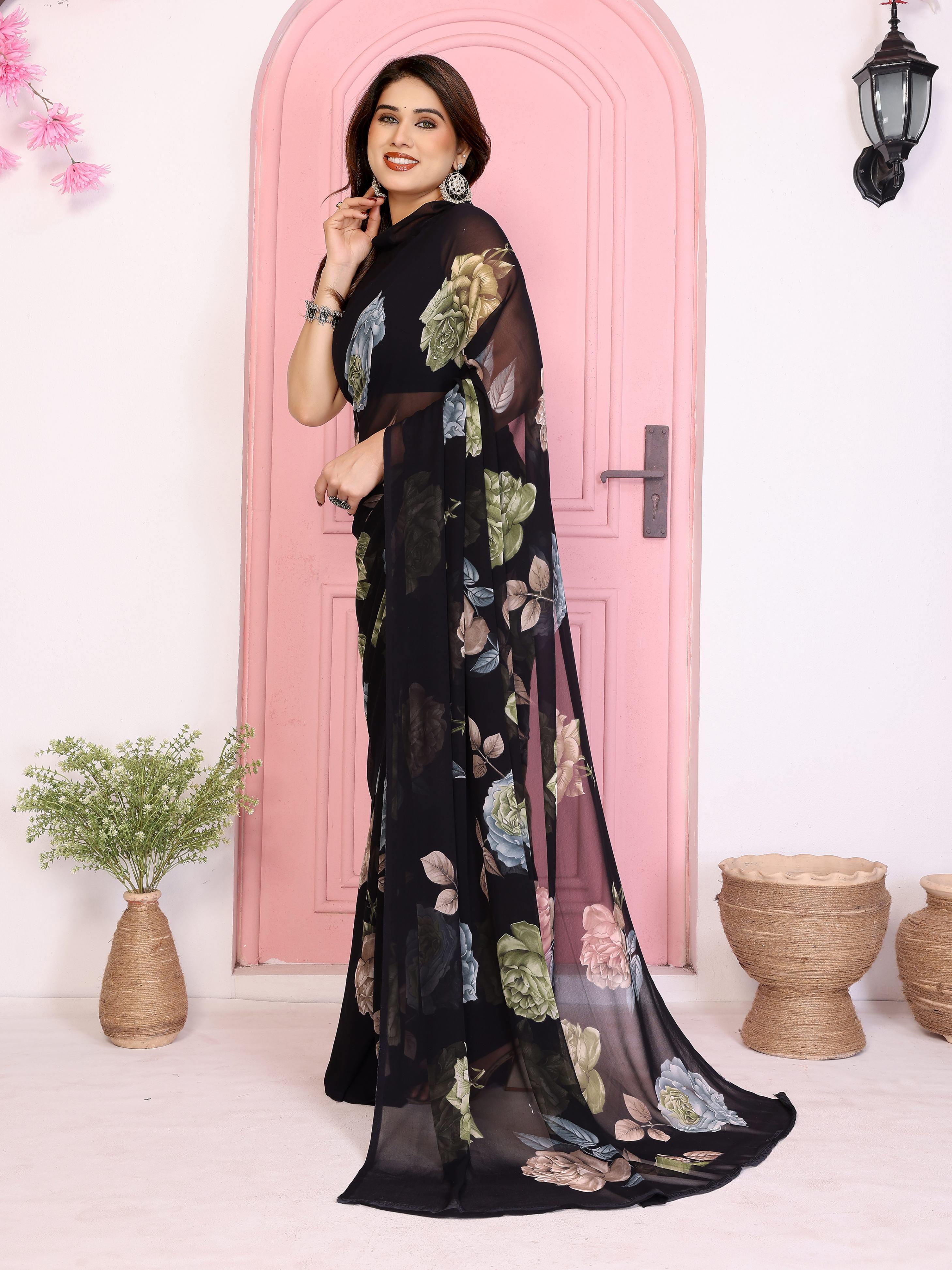 Women Floral Printed Georgette Saree with Blouse Piece view 2