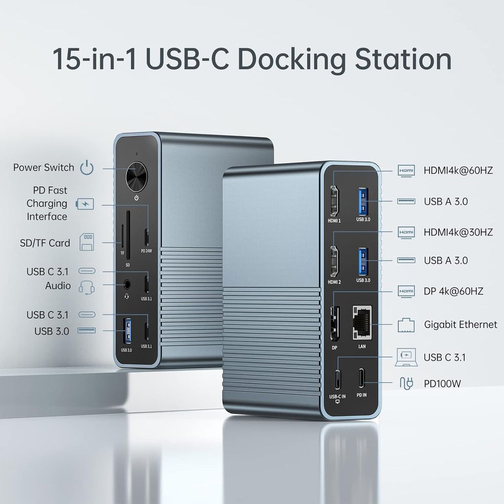 ACASIS USB C 15-in-1 Docking Station Triple Display Monitor, 100W PD, Dual 4KHDMI, DP 4K60Hz, 2*USB 3.1, 3*USB 3.0, LAN, SD/TF, Audio, for Mac/Windows view 2