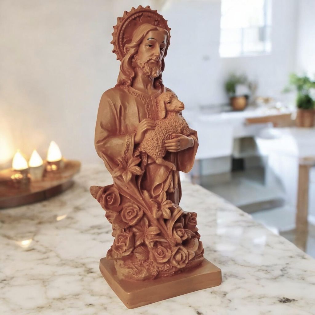 AMS Handcrafted Jesus Christ Idol Statue Holding Lamb, The Good Shepherd Jesus Scukpture Perfect for Christian Home Decor, Prayer, Office and Gifting 23 Cm view 2