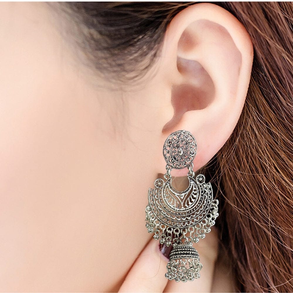 Jewelryklub Oxidised Silver Jhumka Earrings For Girls And Women Round Design Half Moon Design view 2