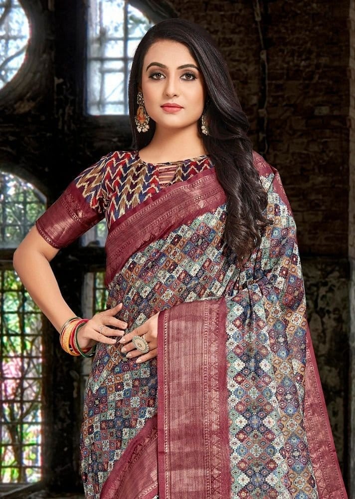Digital Printed Cotton Silk Saree in Multicolor view 2