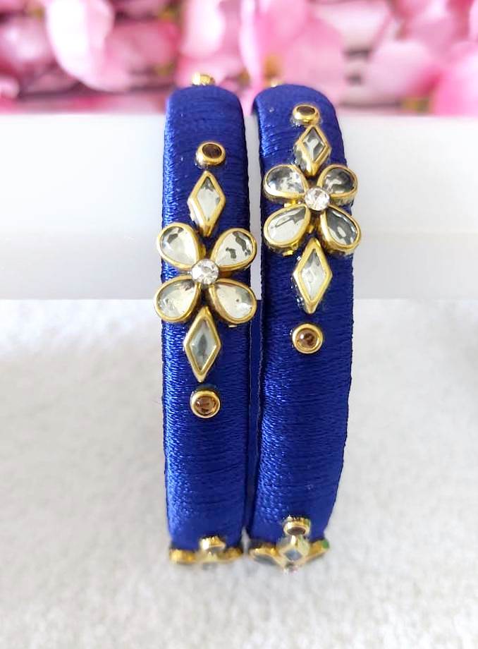 Blue Silk Thread Bangle Set with Kundan Stones view 2