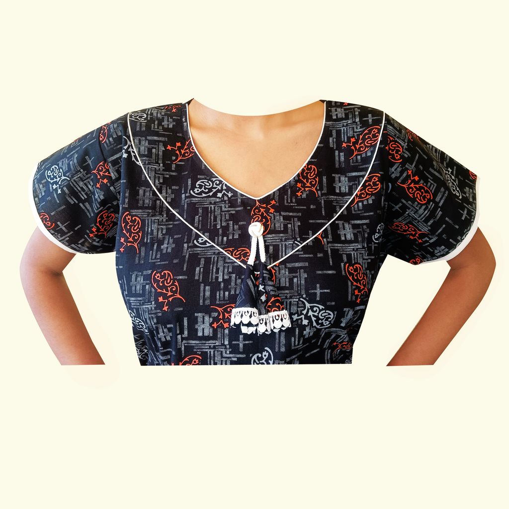 Women's Cotton Maxi Nightgown - Black with Red Floral Print view 2