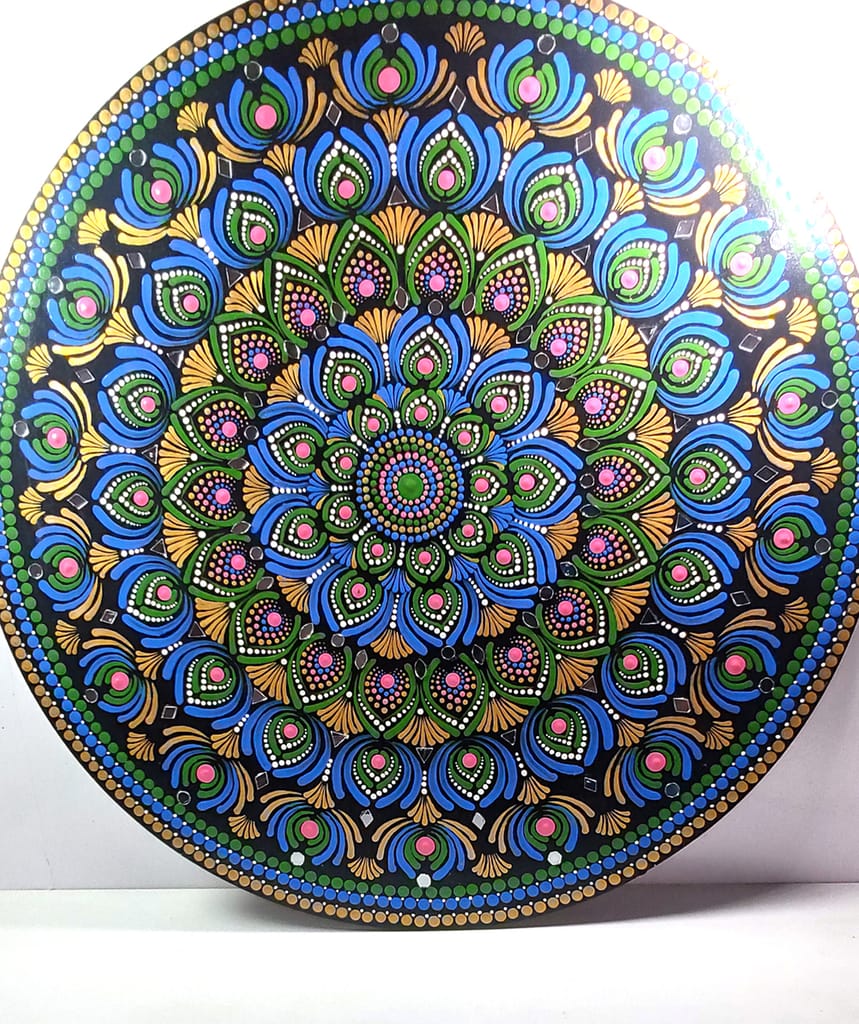 Peacock Feather Dot Mandala Art on Round MDF Board - Blue, Green & Gold view 2