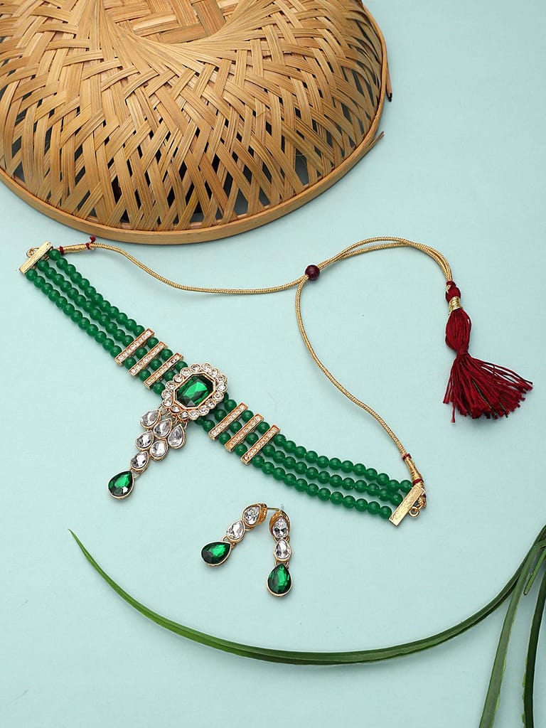 Cardinal Green Color Onyx Green Color Multistring Gold Plated Brass Choker Necklace Set view 2