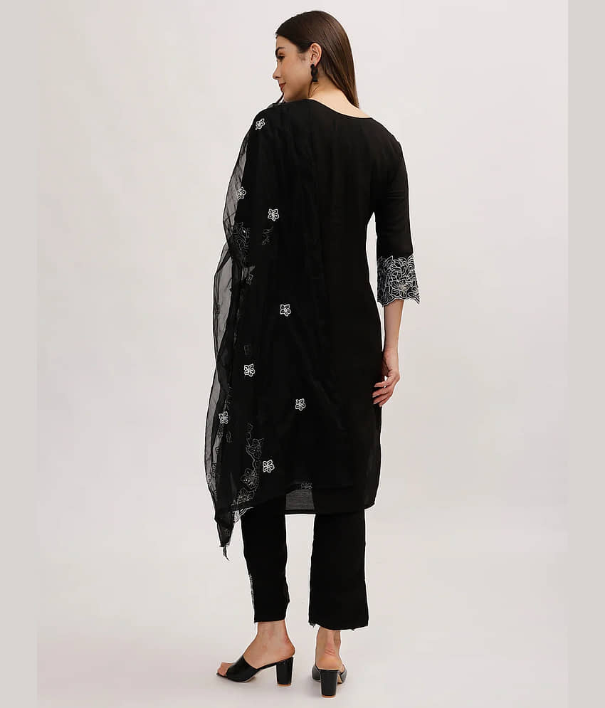 anushansa Women Silk Embroidered Straight Kurti With Pants ( Black ) view 2