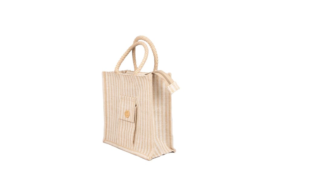 Handwoven Jute Tote Bag with Button Closure and Front Pocket view 2