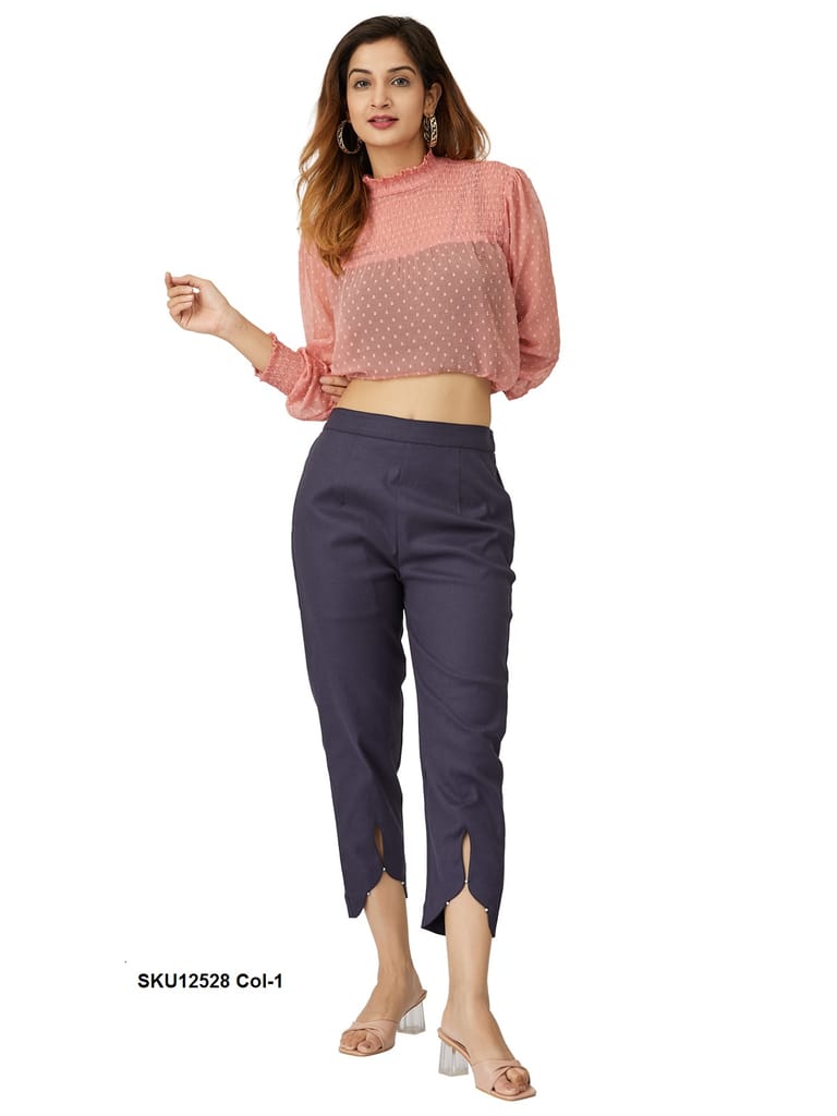 Stylish Dark Blue Cotton Ankle-Length Pants for Women view 2