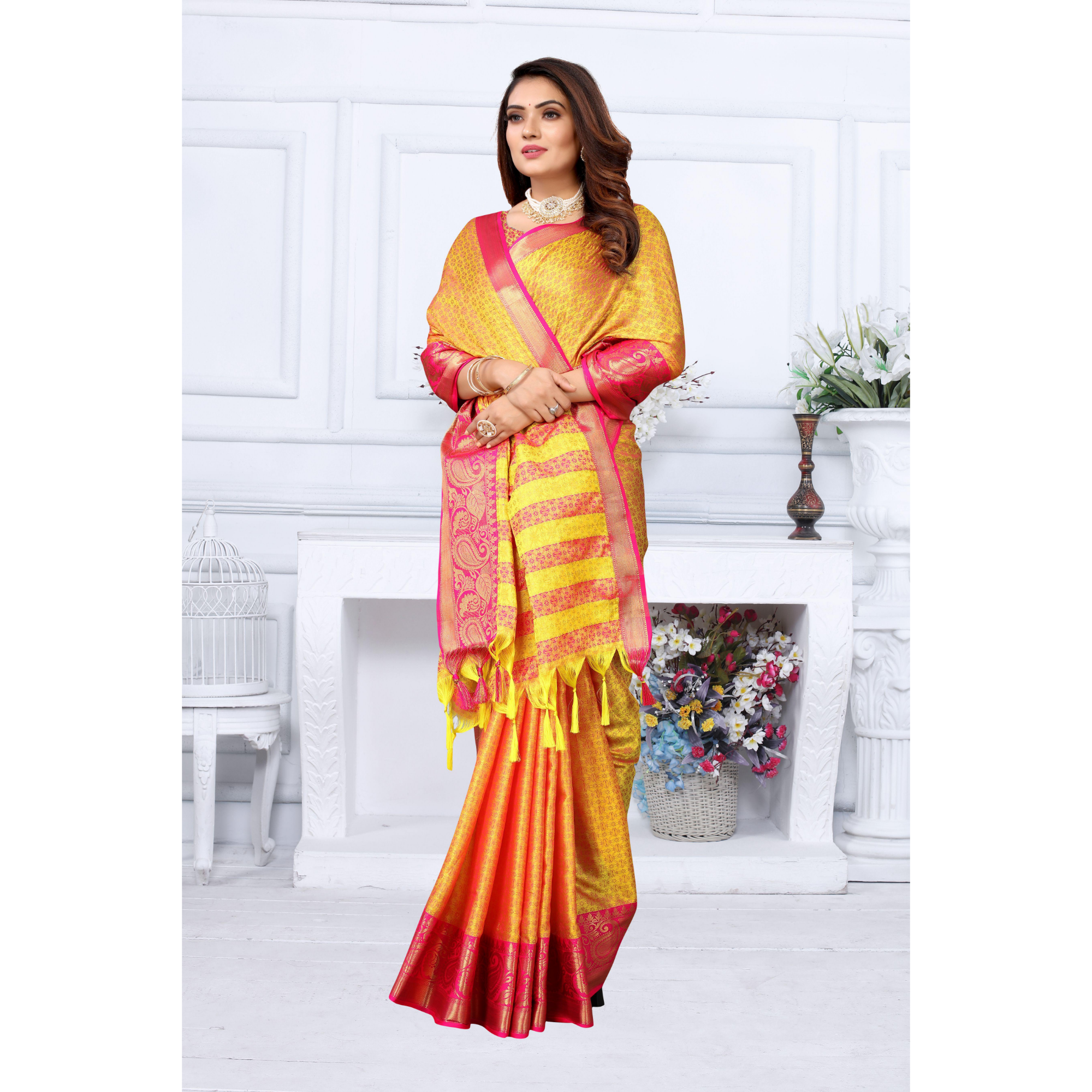 TheHangr Silk And Cotton Jacquard Saree With Silk And Cotton Blouse Piece Yellow With Red Border view 2