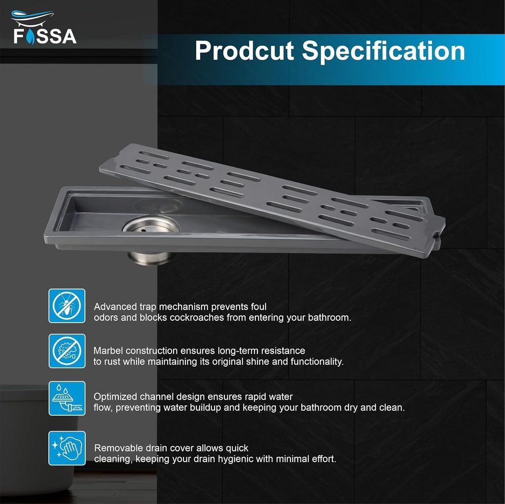 Ceramic (24 x 4 Inches) Melamine Shower Channel Floor Drain Grey Glossy Finish (RG-220) view 2