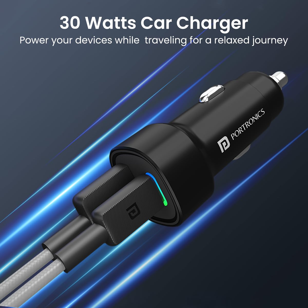 Portronics Car Power 30 Dual Output Fast Car Charger with 30W Type-C PD & 30W USB, LED Indicator, Charging Adapter Compatible with Cars for iPhone & Android Smartphone, Smartwatch(Black) view 2
