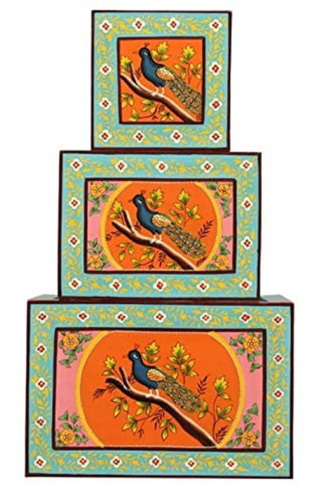 Wood To Cart Wood Peacock Painted Nesting Stools for Living Room,Painted Wooden Tables, Wooden Stools | Stool Set of 3 (Blue Color) view 2