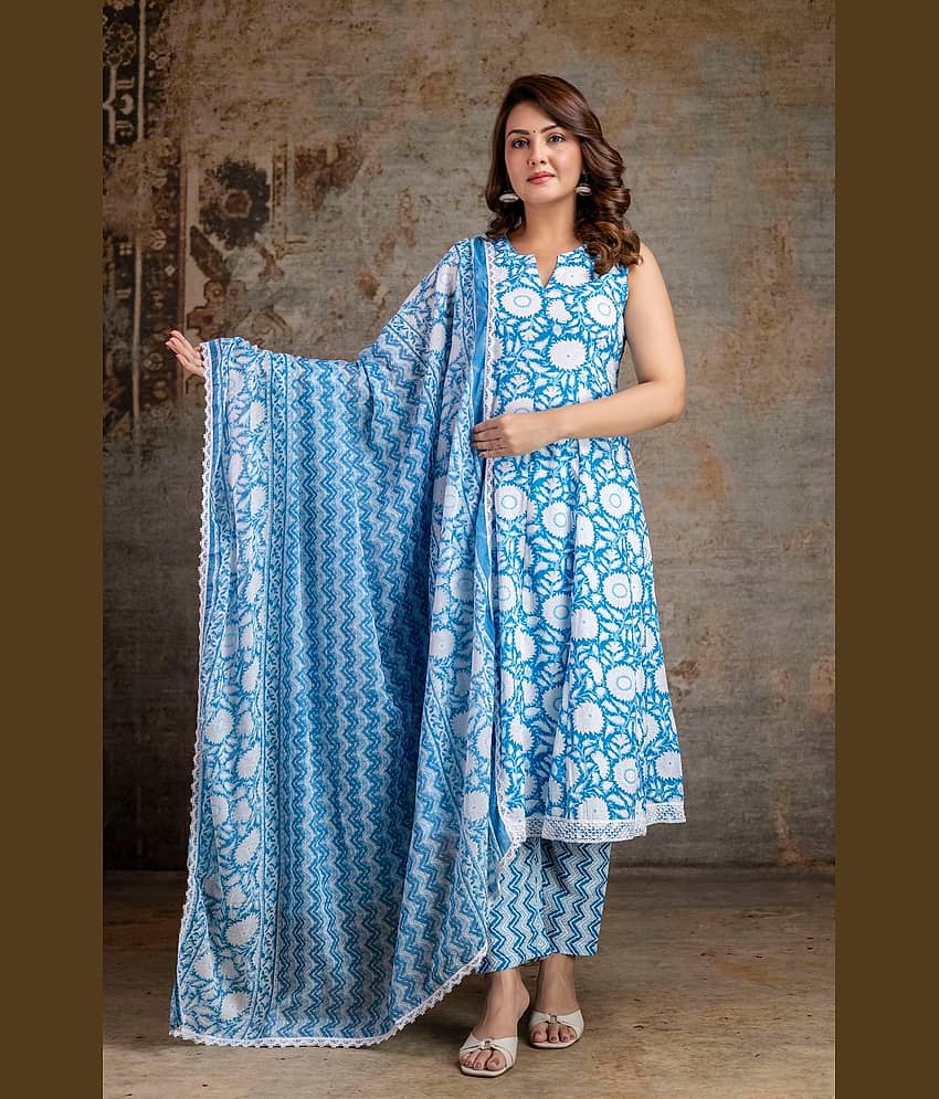 Shivaradhya designers Women Cotton Printed Anarkali Kurti With Pants ( Aqua Blue ) view 2