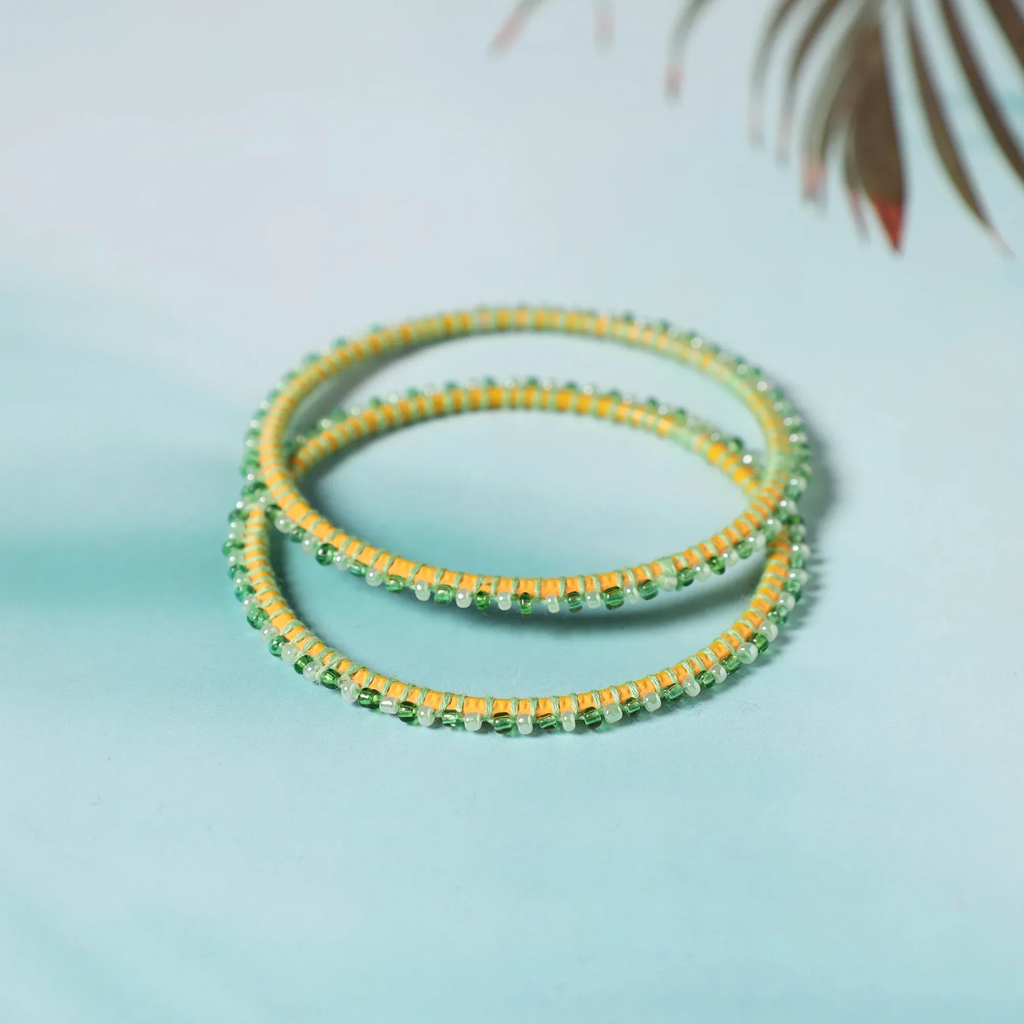 Green - Hand Embroidered Beadwork Bangle (Set of 2) view 2