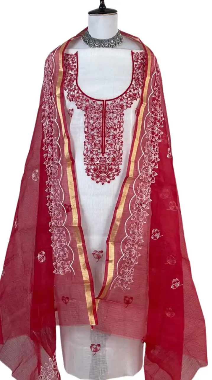 Kota Doria Dress Material Maroon Red Floral Yoke view 2