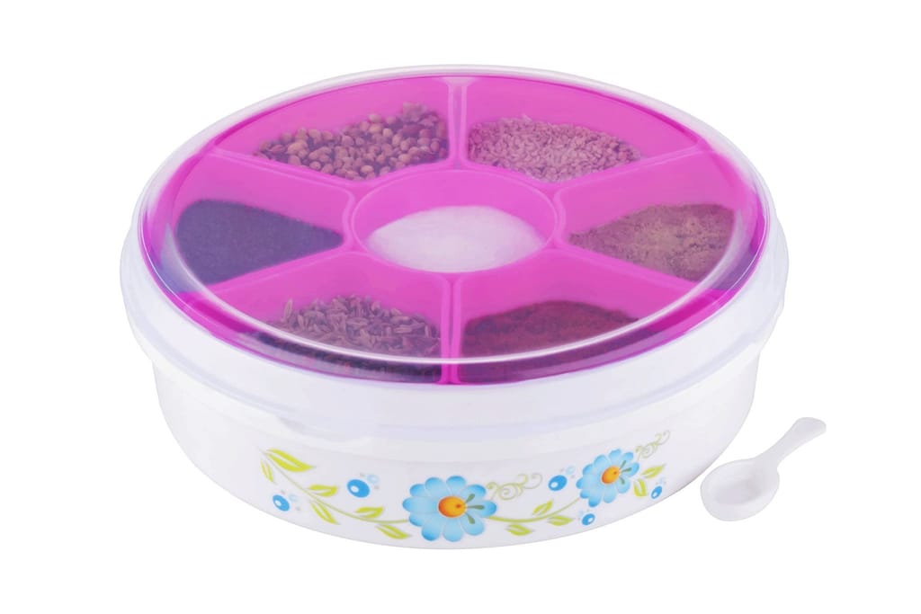 HAPPI Plastic Masala Box for Kitchen, Spice Boxes for Kitchen, Transparent Rangoli/Spice/Masala Dabba Container 7 Compartments with Spoon view 2