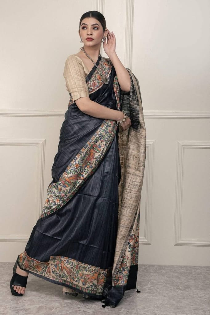 Pure Handloom Tussar Gicha Silk Saree – Madhubani Hand Painted | Silk Mark Certified | 6.5 m with Blouse view 2