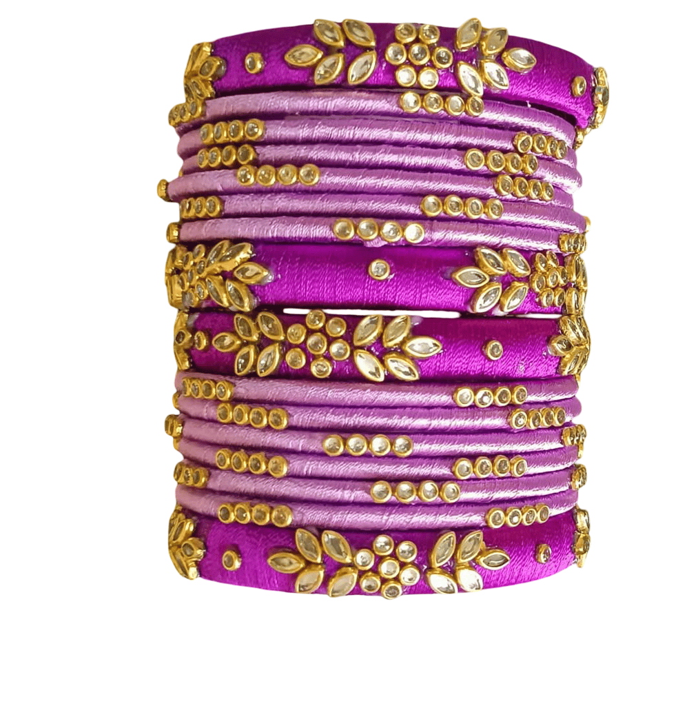 Purple & Lilac Silk Thread Bangles with Golden Accents view 2