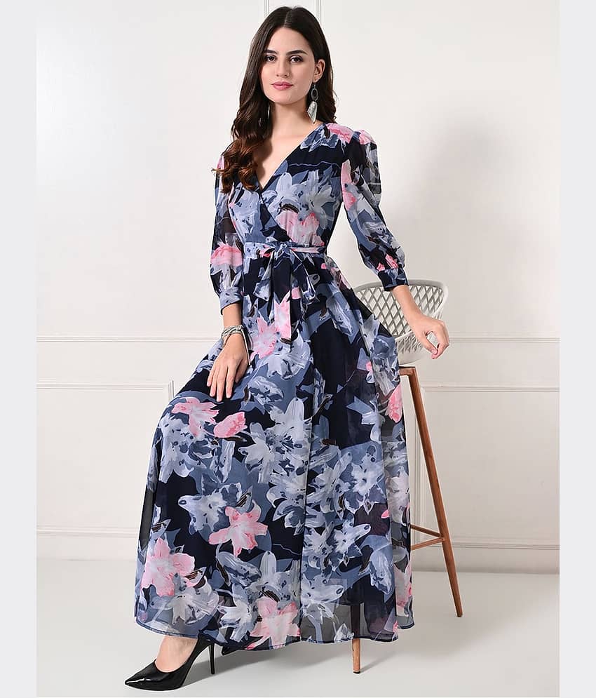 OTABU Women Georgette Printed Fit & Flare Dress ( Blue )