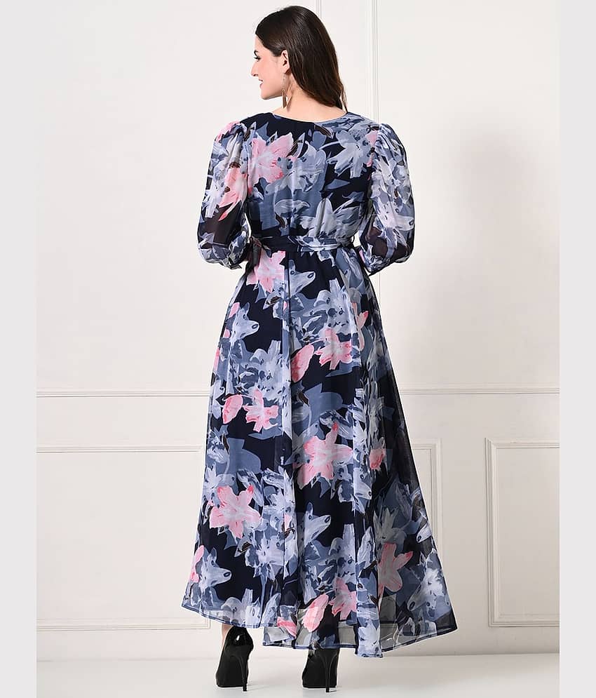 OTABU Women Georgette Printed Fit & Flare Dress ( Blue ) view 2