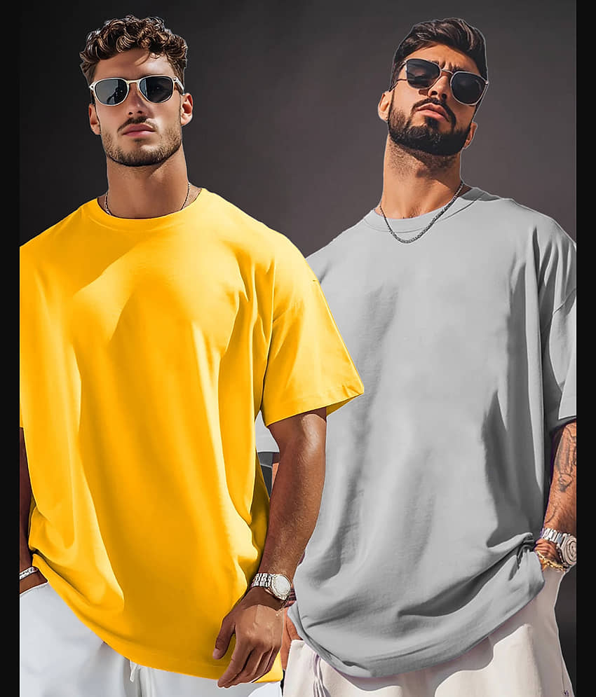 AUSK Men Cotton Blend Oversized Fit Solid T-Shirt ( Yellow )