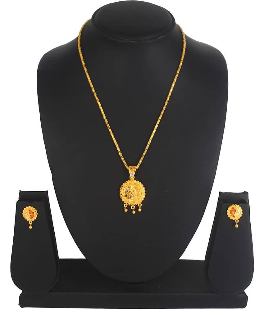 SHANKH-KRIVA NON ADJUSTABLE GOLD PLATED MEENA KARI PENDANT SET WITH 18"INCH CHAIN AND EYERINGS-100406 view 2