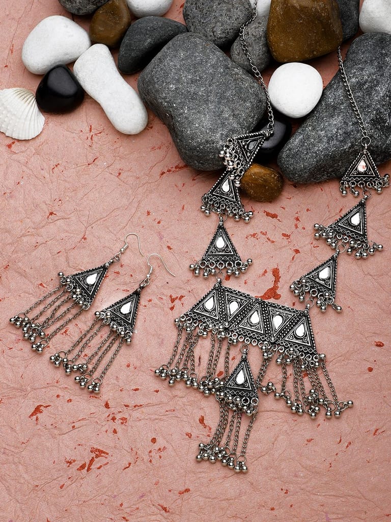 Cardinal Oxidized Silver Color White Stone Long Necklace Set view 2