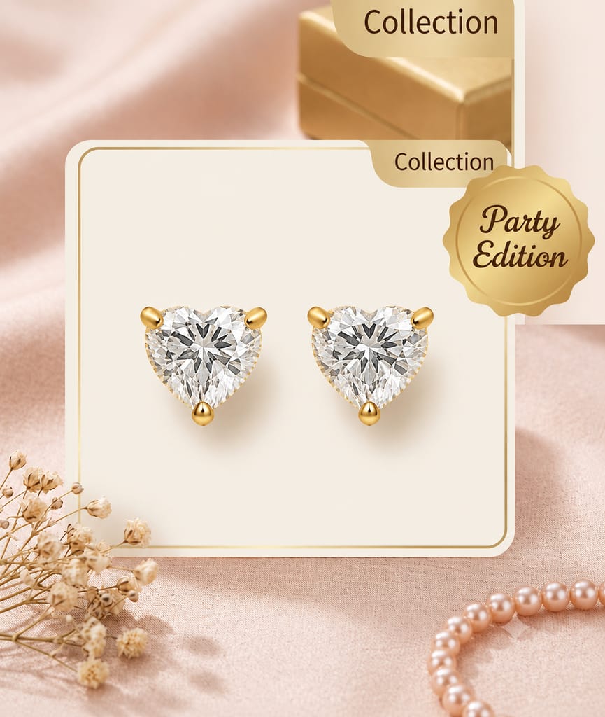 Premium Gold Heart Stud Earrings for Women | Anti Tarnish Heart Shape Diamond Look Earrings | Aesthetic Heart Earrings | Stylish Heart Studs for Girls & Kids | Daily Wear Fashion Jewellery (1 Pair) view 2