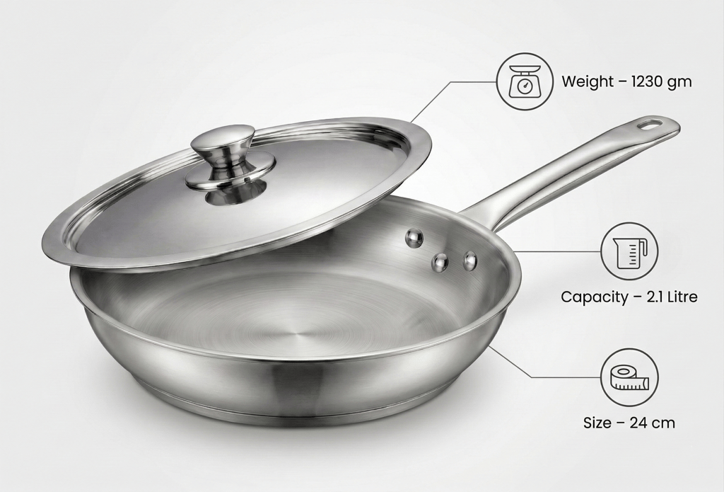 WEKTU Premium Stainless Steel Frypan with Stainless Steel Lid – Heavy Gauge Induction Bottom Frying Pan with 3-Rivet Cool Touch Handle | Mirror Finish Skillet for Gas & Induction Stove view 2