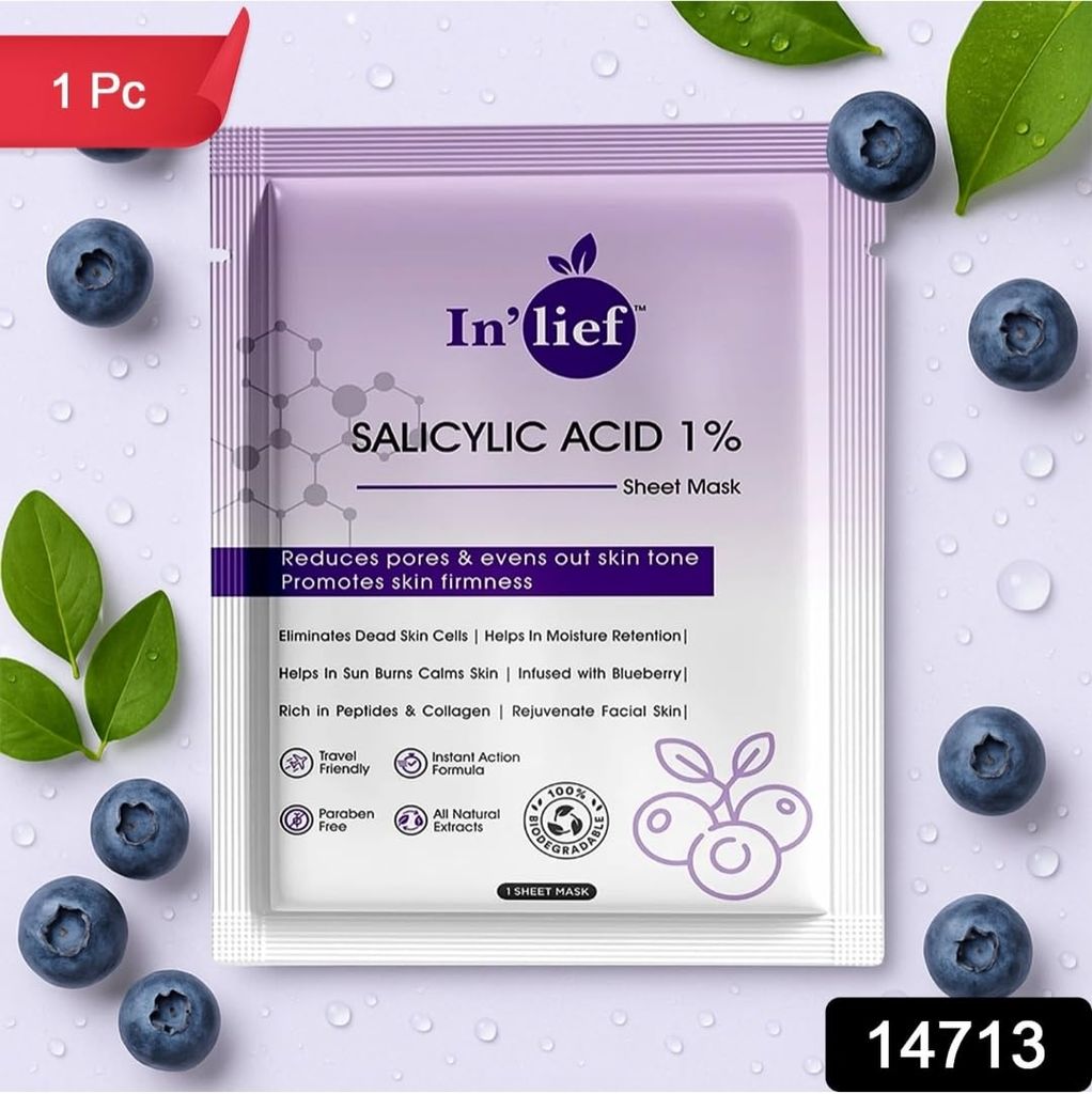 DHRUVINSRI Salicylic Acid 1% Clarifying & Pore-Refining Facial Sheet Mask – Acne Control, Skin Tone Balancing & Firmness Boosting Mask with Blueberry Extract - 1Pcs view 2