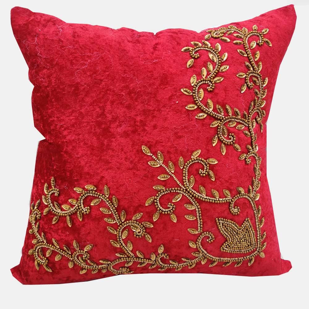Suede Maroon Set of 3 Ethnic Beaded Embroidered Square Combo Cushion Covers for Sofa Home Bedroom (16x16 inch or 40 x 40 cm) view 2