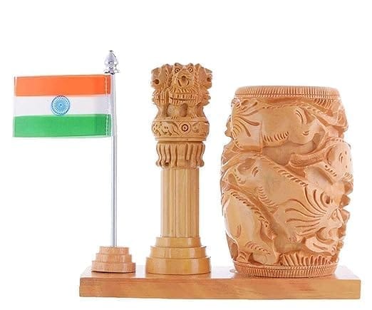 Kusum Art Wooden Pen Stand Clock with Ashoka stambh and Flag I Pen Stand I Desk Organizer I Pen Holder I Pen/Pencil Holder I Pen Stand with Clock I Study/Office Table Organizer view 2