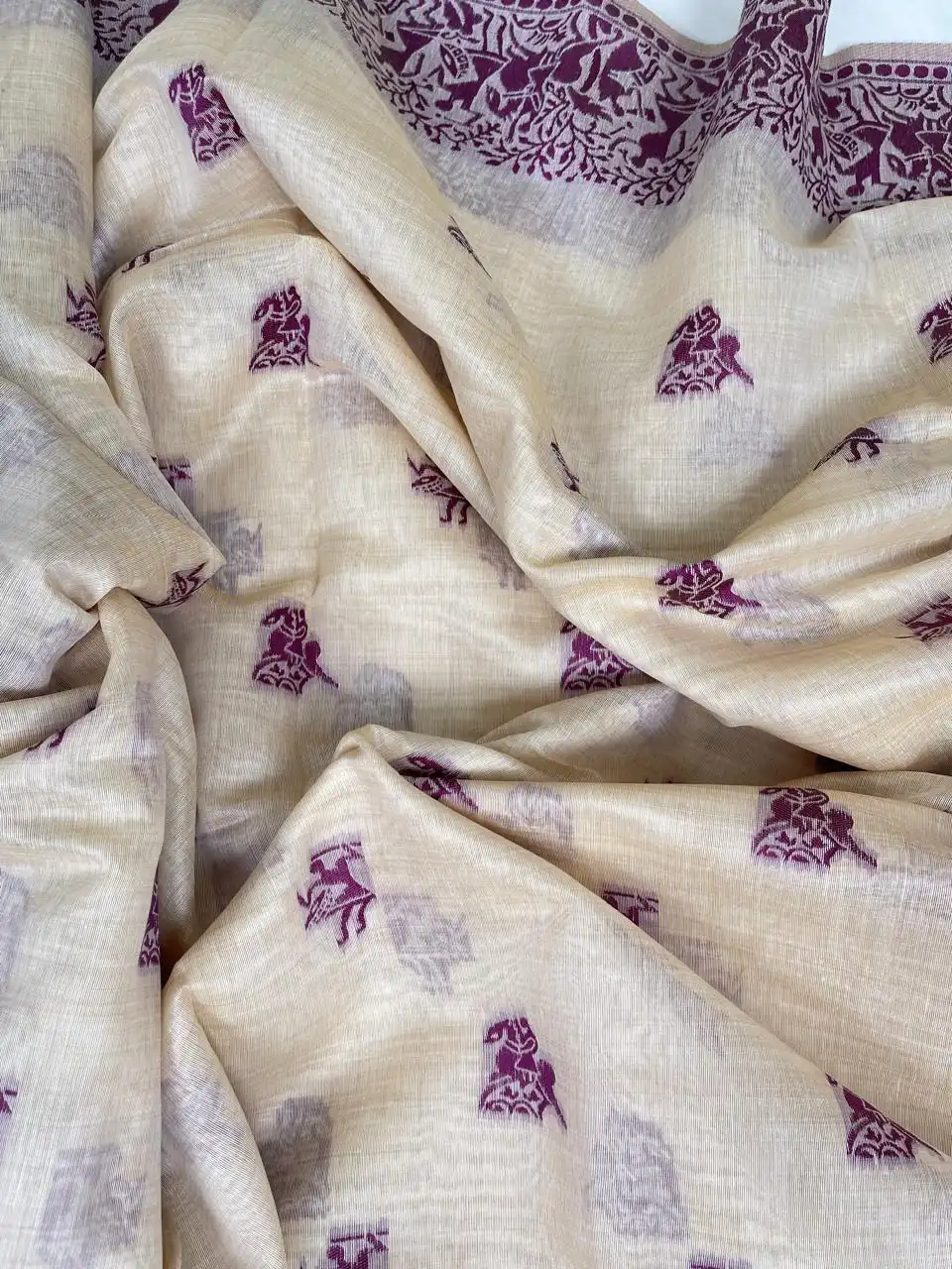 Saura Art Cotton Saree Cream Mauve Elephant Buti Pallu view 2